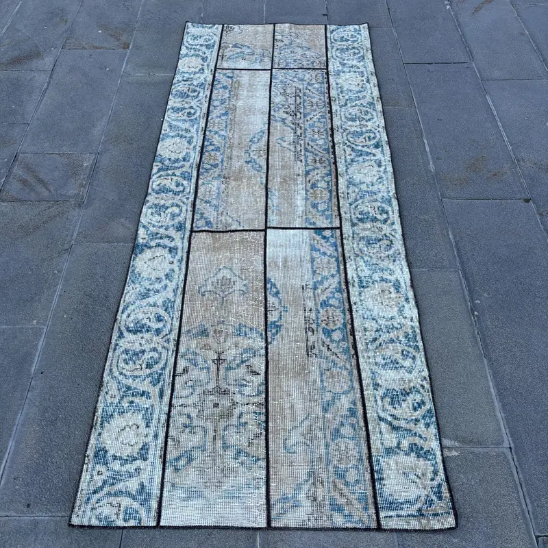 Vintage 2.8x7.3 ft Runner Rug, Turkish Rug, Oushak Blue Animal Print Rug - 1