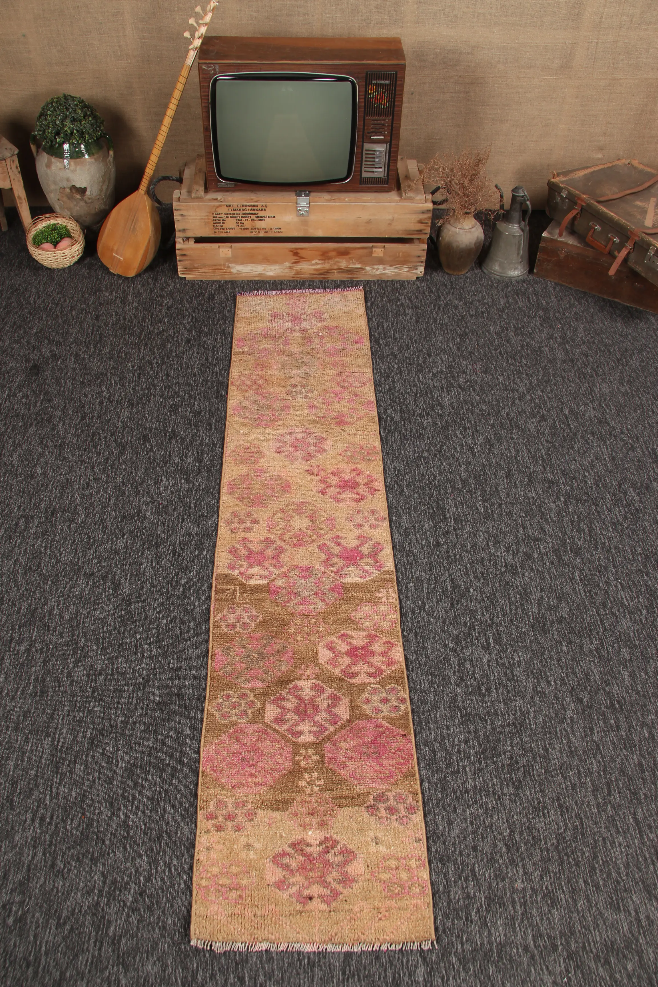 1.7x7.8 ft Turkish Small Rug, Vintage Brown Geometric Rug - 1