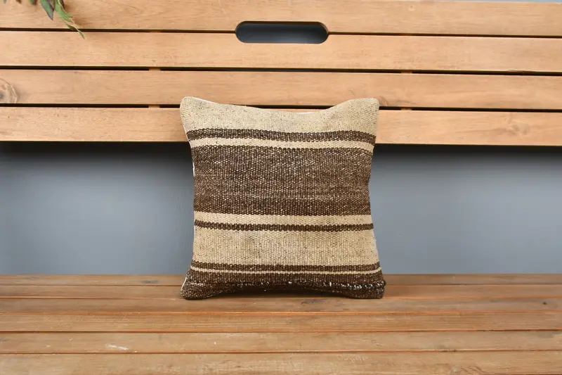 Chair Pillow, Ethnical Kilim Rug Pillow, Vintage Kilim Pillow, Cushion Case, 12x12 Beige Cushion, Handmade Rug Seat Cushion Cover, Home Decor Pillow - 6