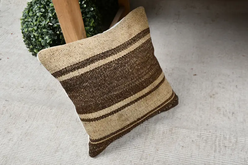 Chair Pillow, Ethnical Kilim Rug Pillow, Vintage Kilim Pillow, Cushion Case, 12x12 Beige Cushion, Handmade Rug Seat Cushion Cover, Home Decor Pillow - 7