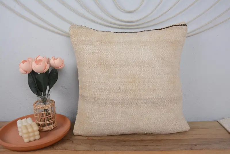 Garden Cushion, Ethnical Kilim Rug Pillow, 20x20 Beige Pillow, Vintage Kilim Pillow, Office Chair Cushion, Pillow Cover, Kilim Pillow Cover - 2