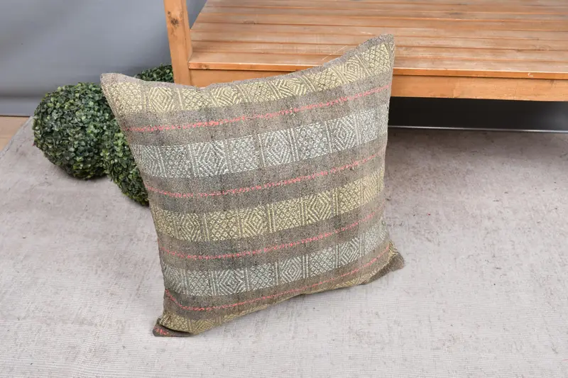 Yellow & Gray Southwestern Embroidered Pillow, 24x24 Inch Handmade Throw Pillow - 7