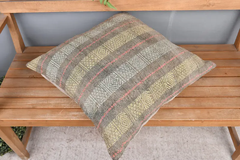 Yellow & Gray Southwestern Embroidered Pillow, 24x24 Inch Handmade Throw Pillow - 2