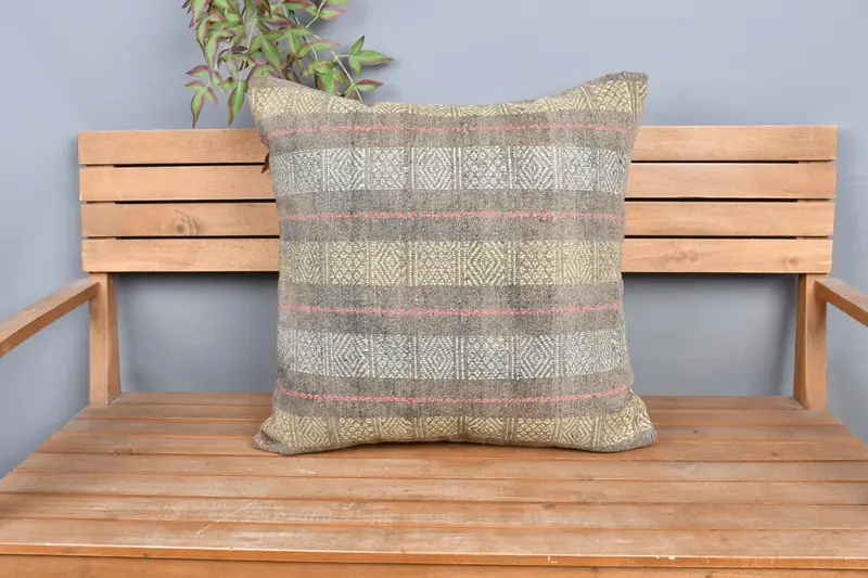 Yellow & Gray Southwestern Embroidered Pillow, 24x24 Inch Handmade Throw Pillow - 6
