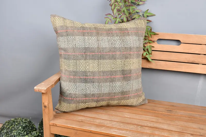 Yellow & Gray Southwestern Embroidered Pillow, 24x24 Inch Handmade Throw Pillow - 1