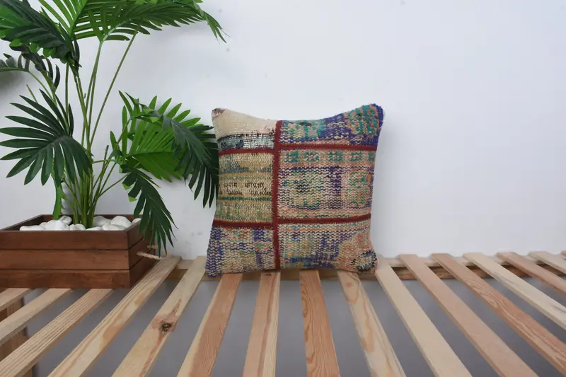 Vintage Kilim Pillow, Cushion Cover, Knitted Cushion, 16x16 Blue Pillow, Handmade Kilim Cushion, Pillow for Sofa, Bed Cushion - 1