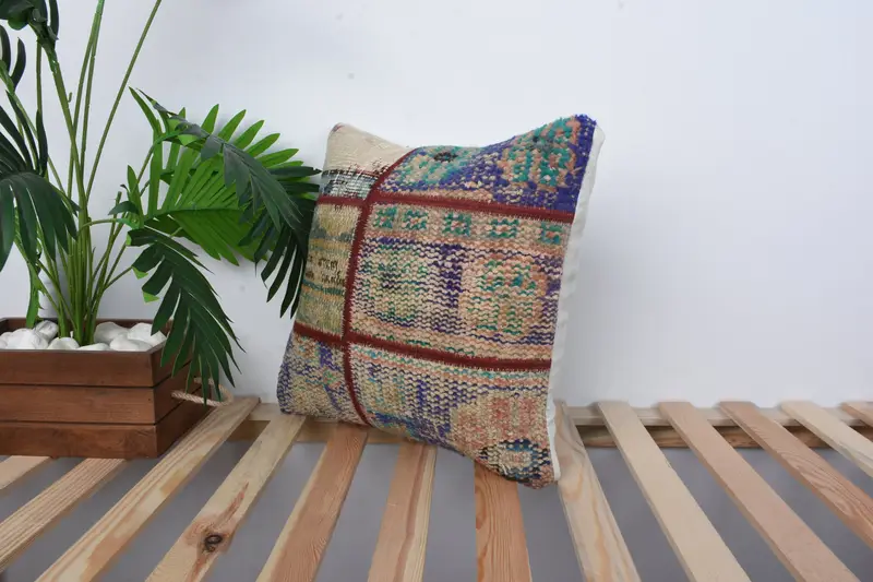 Vintage Kilim Pillow, Cushion Cover, Knitted Cushion, 16x16 Blue Pillow, Handmade Kilim Cushion, Pillow for Sofa, Bed Cushion - 5