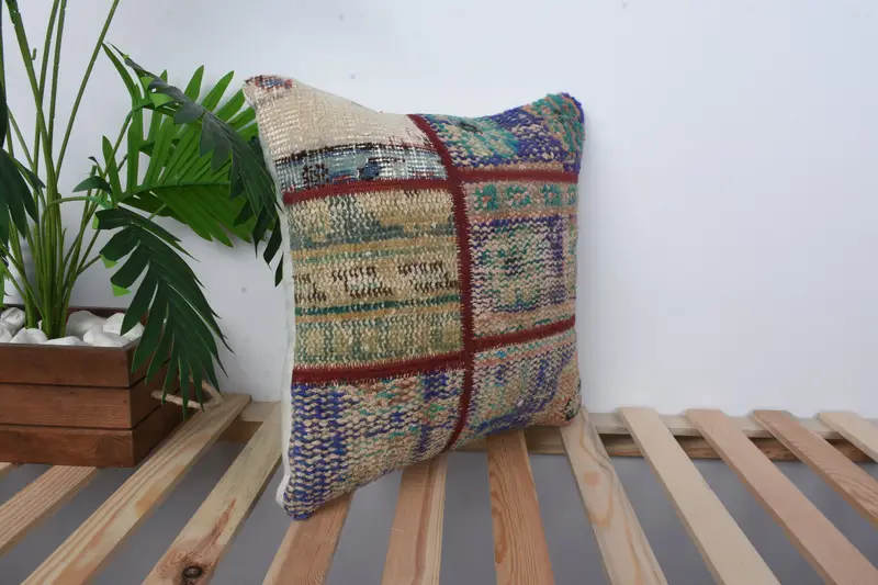 Vintage Kilim Pillow, Cushion Cover, Knitted Cushion, 16x16 Blue Pillow, Handmade Kilim Cushion, Pillow for Sofa, Bed Cushion - 4