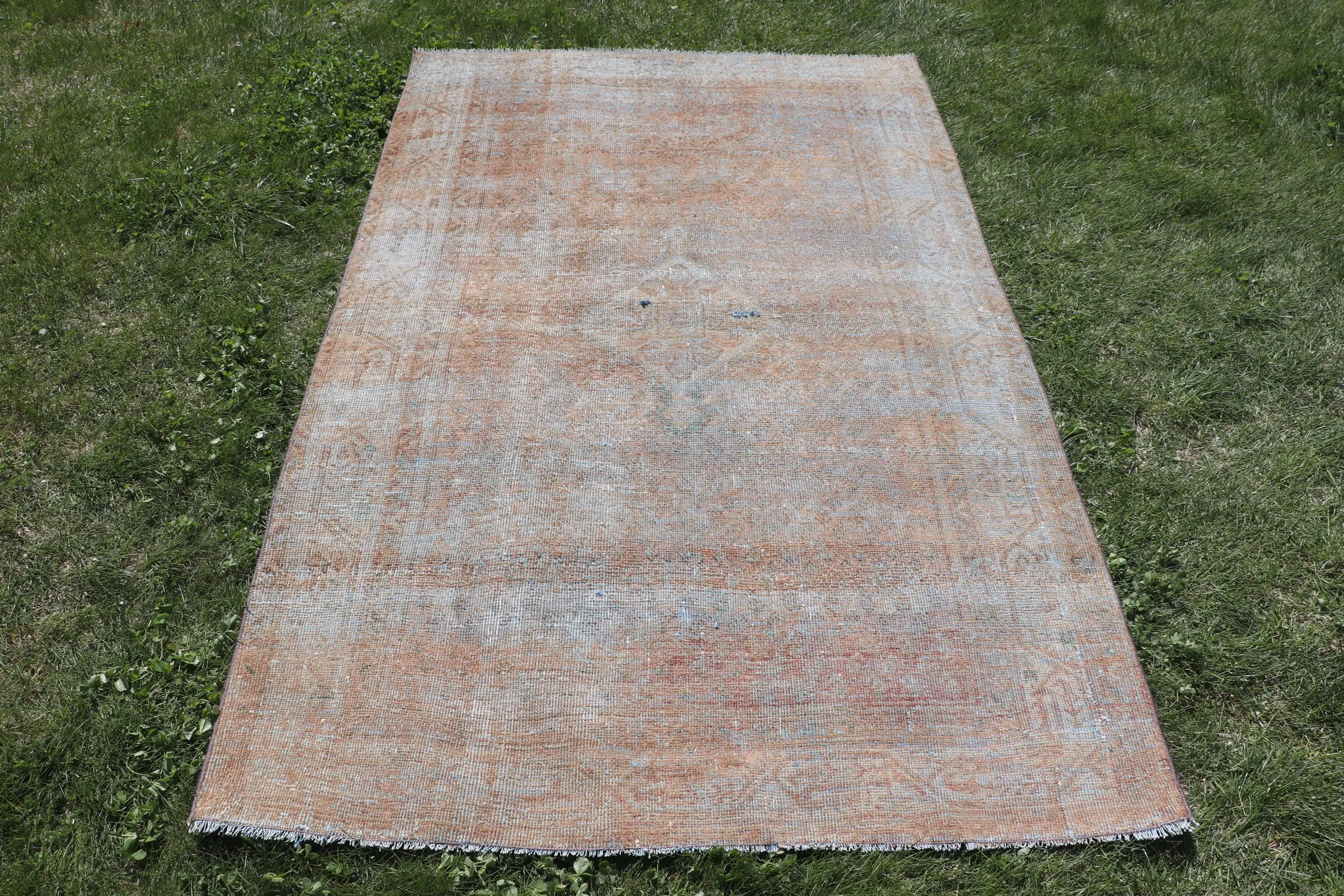 4x6.4 ft Vintage Turkish Rug, Area Rug, Brown Blue Check Wool Rug - 1