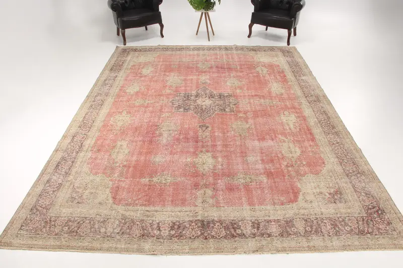 Turkish Vintage Rug 9.4x12.5 ft (286x380 cm), Oushak Red Brown Ombré Rug - 1