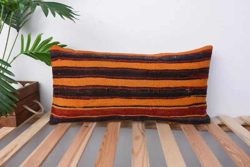 Ev Dekoru Yastığı, Vintage Kilim Yastığı, 12x24 Turuncu Yastık Kılıfı, Kanepe Yastığı, Zemin Yastığı Sahibi, Yastık Kılıfı, Salon Yastığı - 1