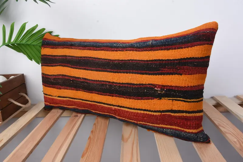 Ev Dekoru Yastığı, Vintage Kilim Yastığı, 12x24 Turuncu Yastık Kılıfı, Kanepe Yastığı, Zemin Yastığı Sahibi, Yastık Kılıfı, Salon Yastığı - 4