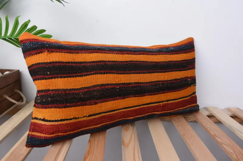 Ev Dekoru Yastığı, Vintage Kilim Yastığı, 12x24 Turuncu Yastık Kılıfı, Kanepe Yastığı, Zemin Yastığı Sahibi, Yastık Kılıfı, Salon Yastığı - 5