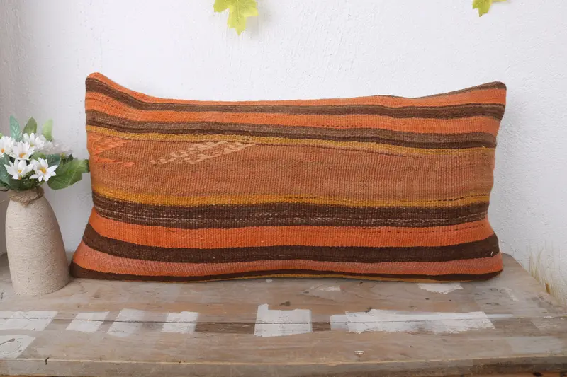 Turkish Kilim Pillow, 12x24 Orange Pillow Case, Personalized Gift Pillow Cushion, Home Decor Pillow, Cushion Case, Kilim Cushion Sham - 2