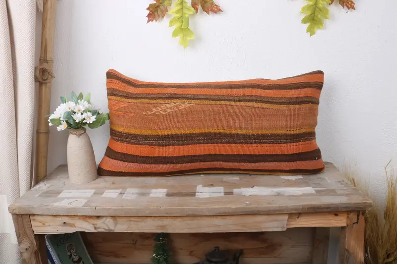 Turkish Kilim Pillow, 12x24 Orange Pillow Case, Personalized Gift Pillow Cushion, Home Decor Pillow, Cushion Case, Kilim Cushion Sham - 1