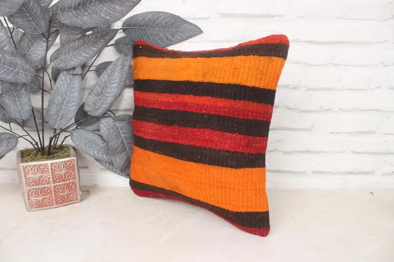Cushion Cover, Antique Pillows, Boho Pillow, Kilim Cushion Sham, 14x14 Rainbow Cushion Cover, Living Room Throw Pillow Sham - 4