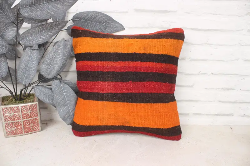 Cushion Cover, Antique Pillows, Boho Pillow, Kilim Cushion Sham, 14x14 Rainbow Cushion Cover, Living Room Throw Pillow Sham - 1