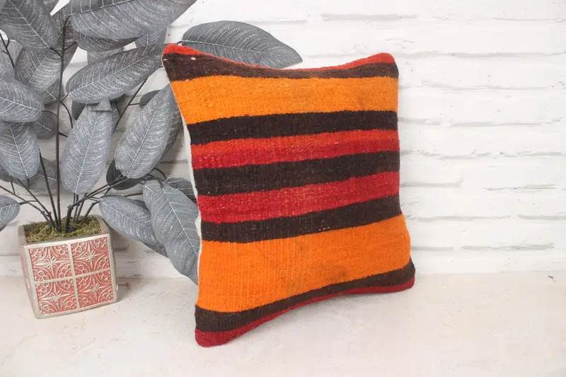 Cushion Cover, Antique Pillows, Boho Pillow, Kilim Cushion Sham, 14x14 Rainbow Cushion Cover, Living Room Throw Pillow Sham - 3