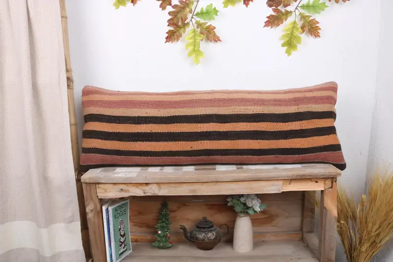 Cushion Case, Vintage Kilim Pillow, Boho Pillow, 12x36 Orange Cushion, Accent Throw Pillow Case, Gift Pillow, Armchair Pillow Case - 1