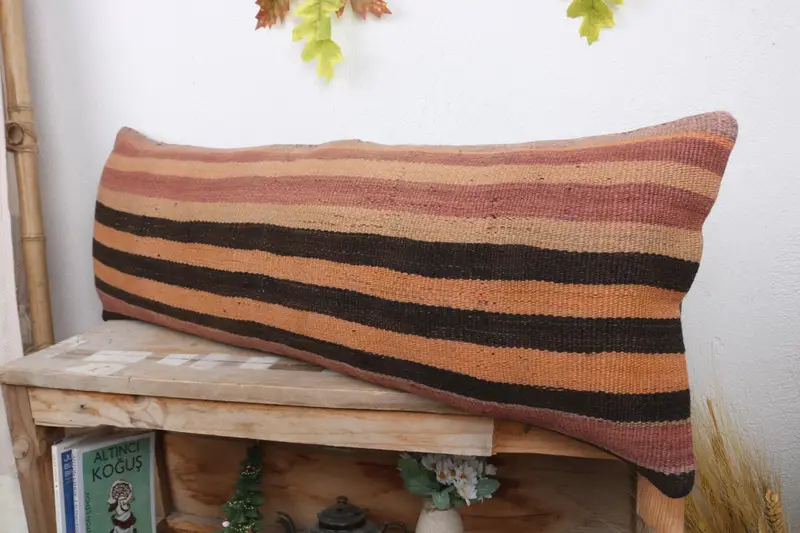 Cushion Case, Vintage Kilim Pillow, Boho Pillow, 12x36 Orange Cushion, Accent Throw Pillow Case, Gift Pillow, Armchair Pillow Case - 4