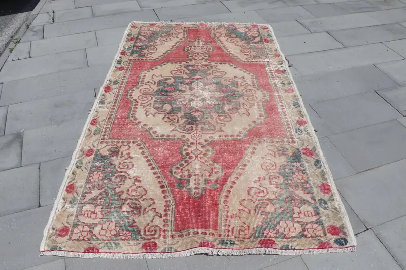 4.2x7.3 ft Türk Oushak Halısı, Kırmızı Bordürlü Vintage Yün Halı - 1