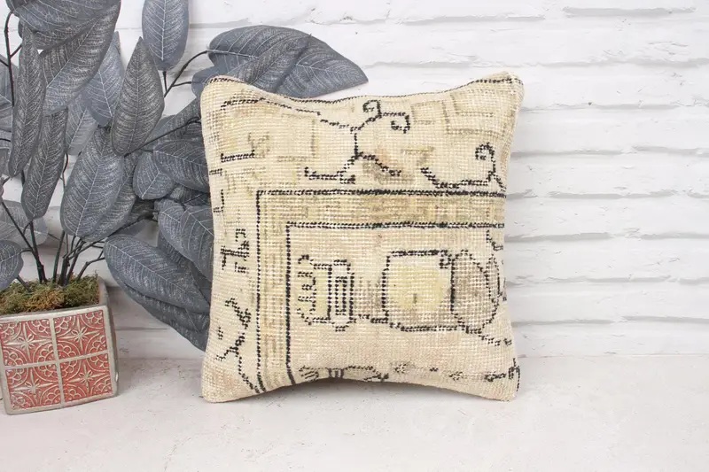 Pillow for Couch, Cushion Case, Authentic Pillow Case, Ottoman Cushion Case, 14x14 Beige Pillow Case, Turkish Pillow, Kilim Pillow, Ikat Pillow Case - 1