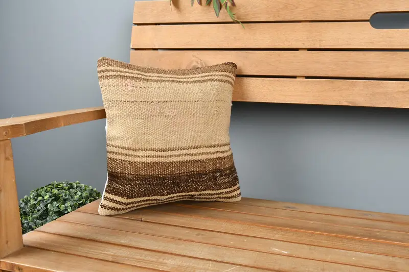 Decorative Bolster Pillow Case, Turkish Pillow, Vintage Kilim Pillow, 12x12 Beige Cushion Case, Pillow Cover, Ethnical Kilim Rug Pillow - 1