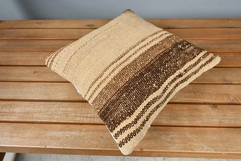 Decorative Bolster Pillow Case, Turkish Pillow, Vintage Kilim Pillow, 12x12 Beige Cushion Case, Pillow Cover, Ethnical Kilim Rug Pillow - 2