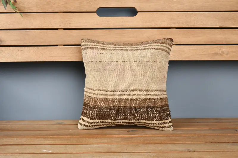 Decorative Bolster Pillow Case, Turkish Pillow, Vintage Kilim Pillow, 12x12 Beige Cushion Case, Pillow Cover, Ethnical Kilim Rug Pillow - 6