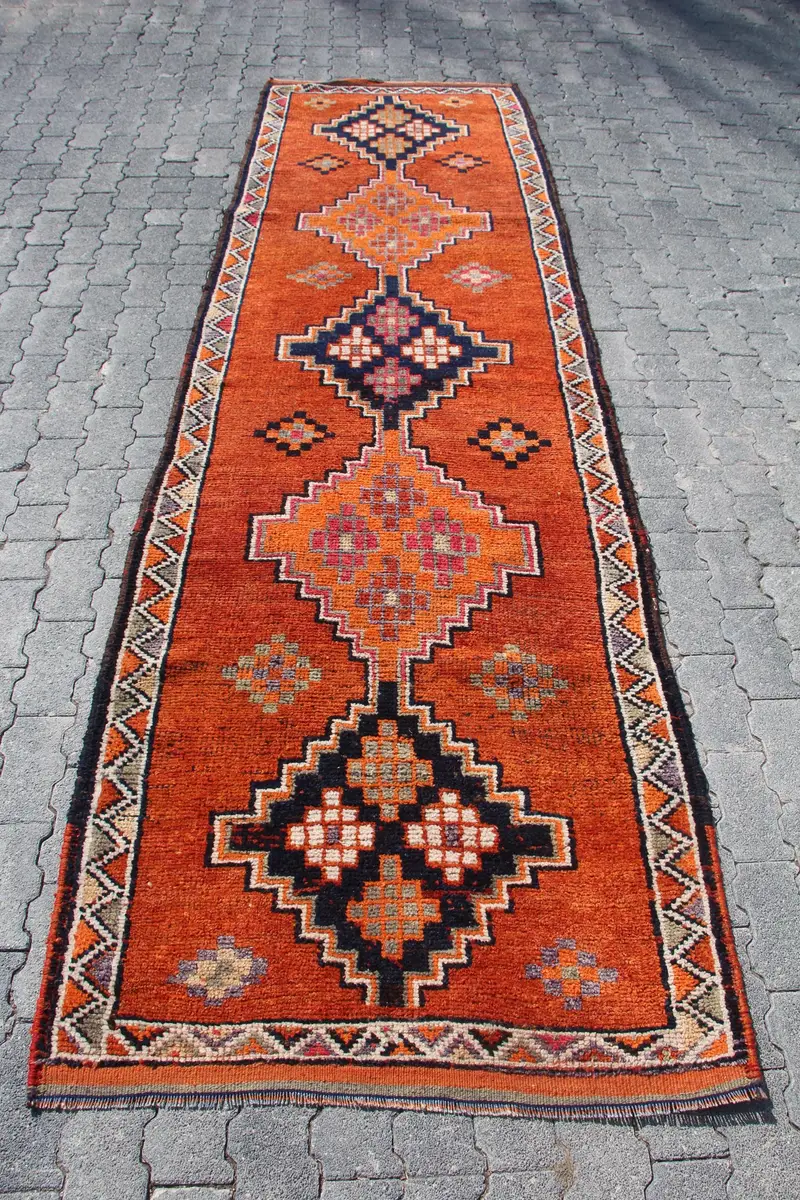 Alfombra turca Herki de 3,3x11,5 pies, alfombra de lana vintage naranja - 1