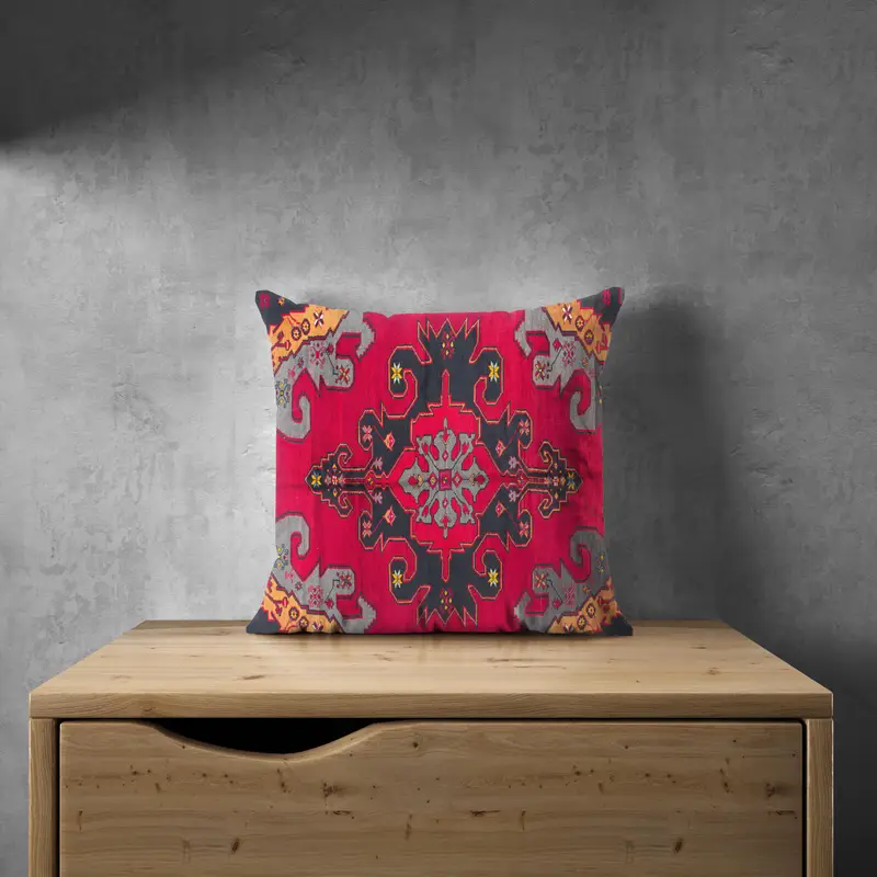 Rot & Grau besticktes Wurfkissen, Vintage Chenille Kissen