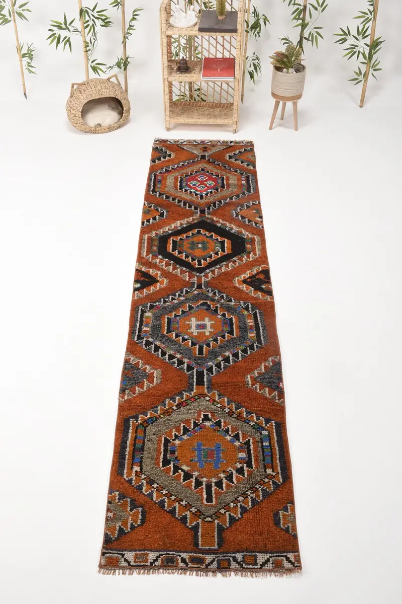Turkish Runner Rug 2.2x9.4 ft, Vintage Herki Orange Geometric Wool Rug - 1