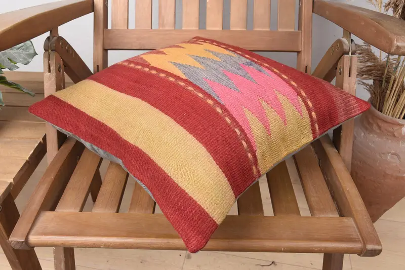 Pillow Case, Ottoman Pillow Cover, Kilim Pillow Cover, 16x16 Red Cushion Cover, Kilim Cushion Sham, Farmhouse Pillow, Turkish Kilim Pillow - 4