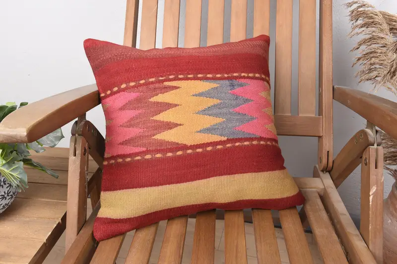Pillow Case, Ottoman Pillow Cover, Kilim Pillow Cover, 16x16 Red Cushion Cover, Kilim Cushion Sham, Farmhouse Pillow, Turkish Kilim Pillow - 2