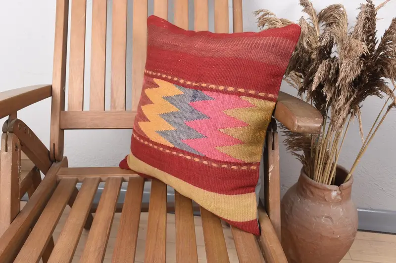 Pillow Case, Ottoman Pillow Cover, Kilim Pillow Cover, 16x16 Red Cushion Cover, Kilim Cushion Sham, Farmhouse Pillow, Turkish Kilim Pillow - 3
