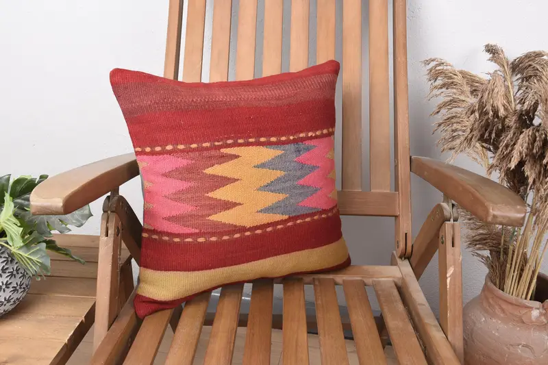 Pillow Case, Ottoman Pillow Cover, Kilim Pillow Cover, 16x16 Red Cushion Cover, Kilim Cushion Sham, Farmhouse Pillow, Turkish Kilim Pillow - 1