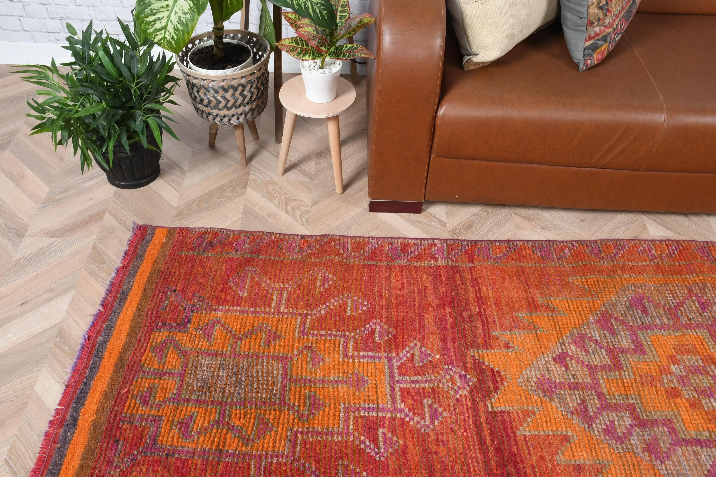 Vintage 3x10.6 ft Rug, Turkish Rug, Orange Floral Rug Wool - 1