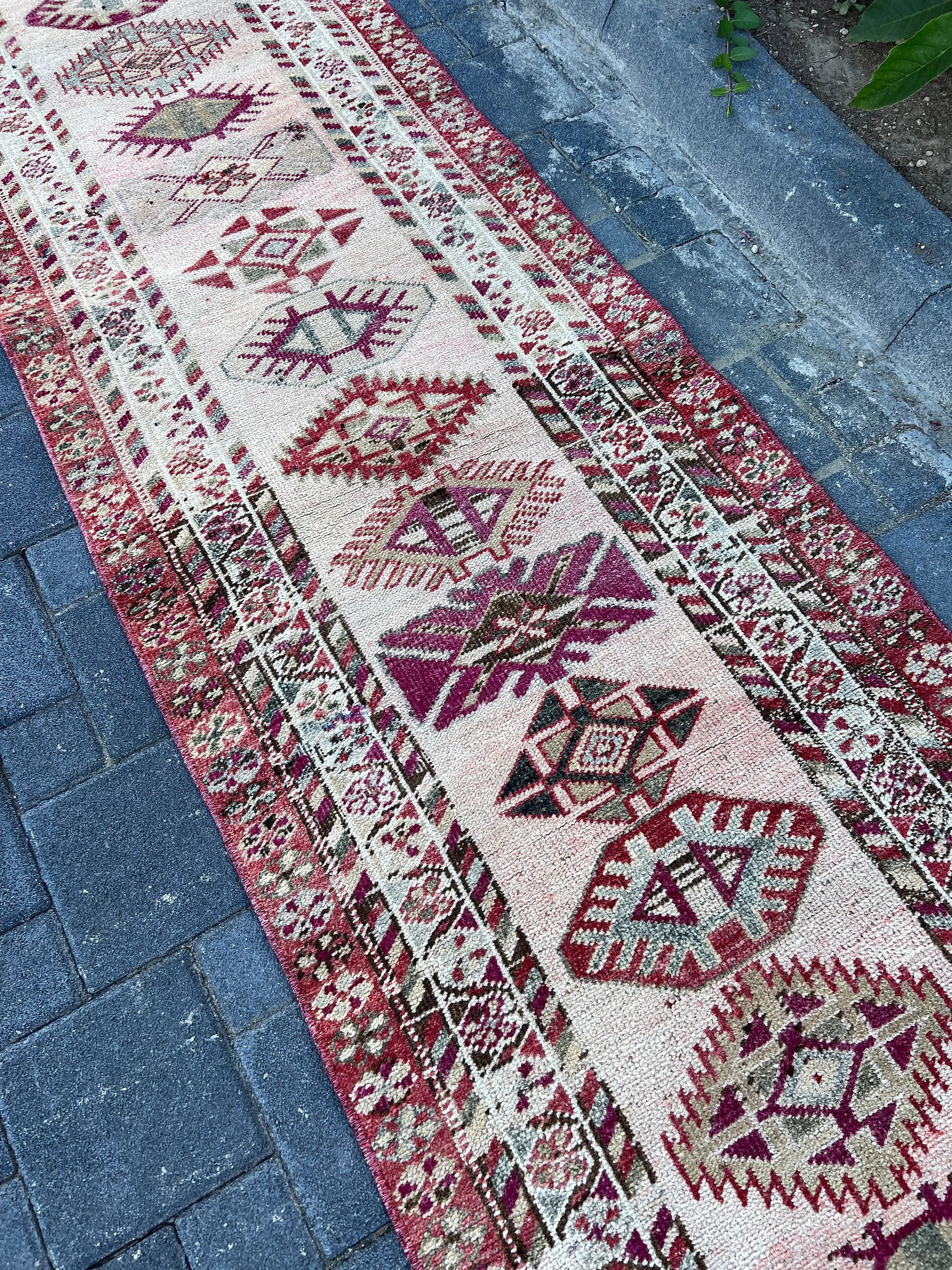 Turkish Vintage Runner Rug 2.6x10.2 ft, Herki Red Wool Rug - 1