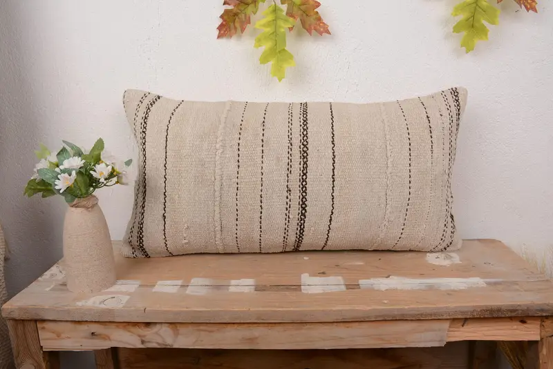 Handmade Striped Linen Throw Pillow, 12x24 Embroidered Cushion