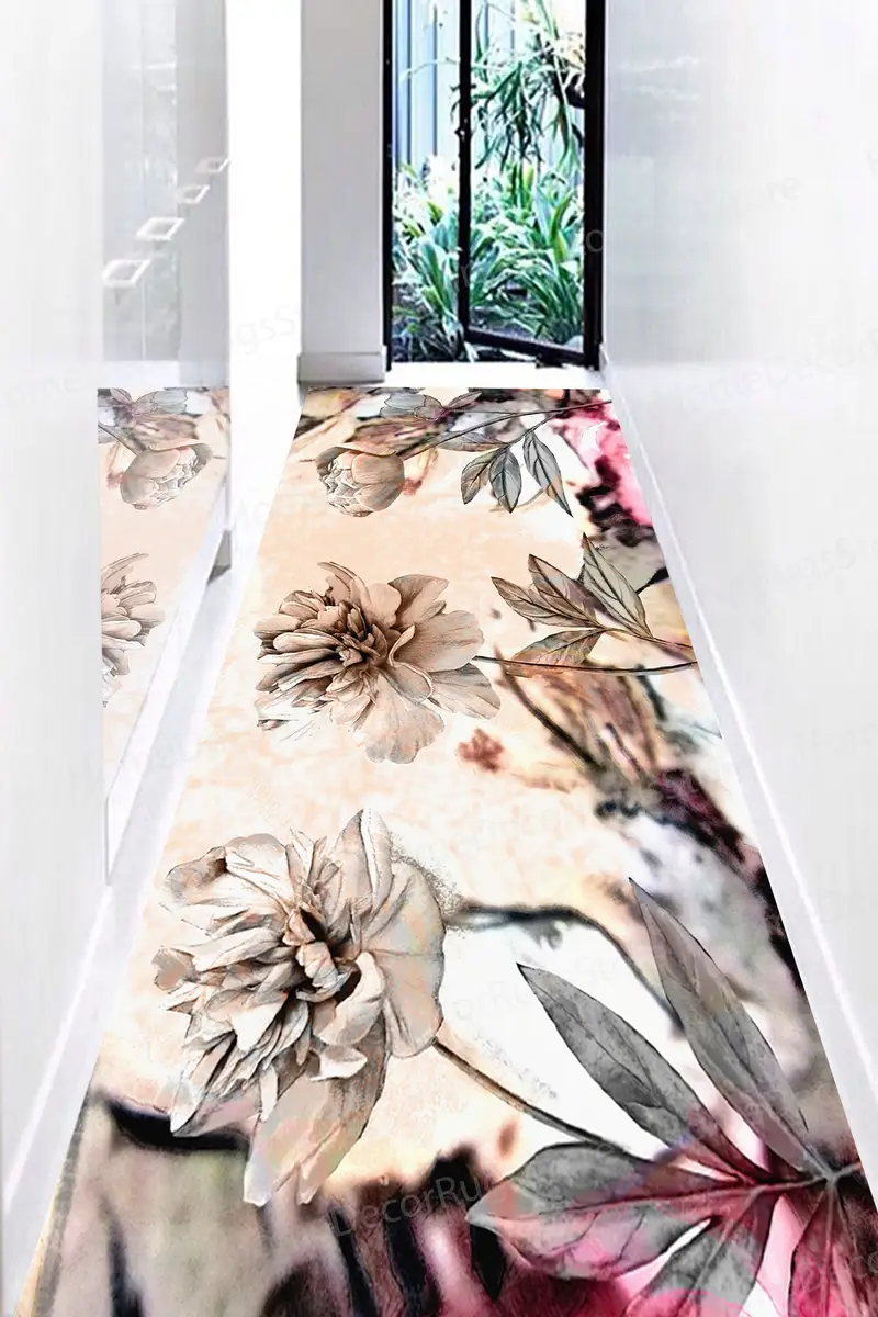 モダンな抽象牡丹プリントラグ：エレガントな農家の装飾