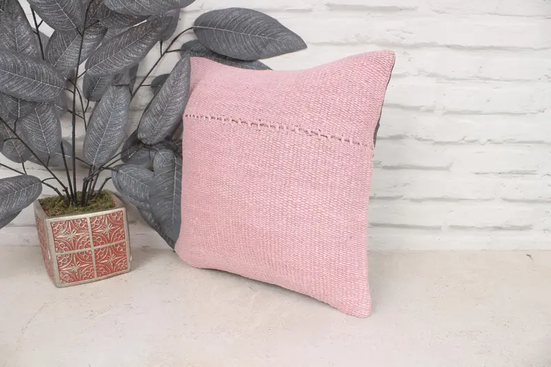 Pillow for Sofa, Turkish Kilim Pillow, Boho Chic Cushion Cover, Ethnical Kilim Rug Pillow, 14x14 Pink Pillow Cover, Chair Pillow, Pillow Sham - 4