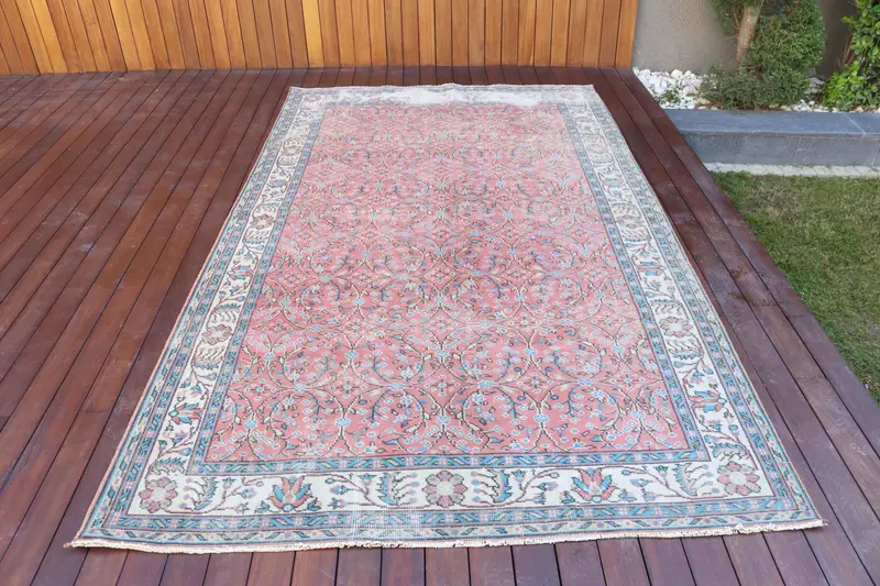 Alfombra turca vintage grande de lana a rayas rojas y azules de 1,8x2,8m - 1