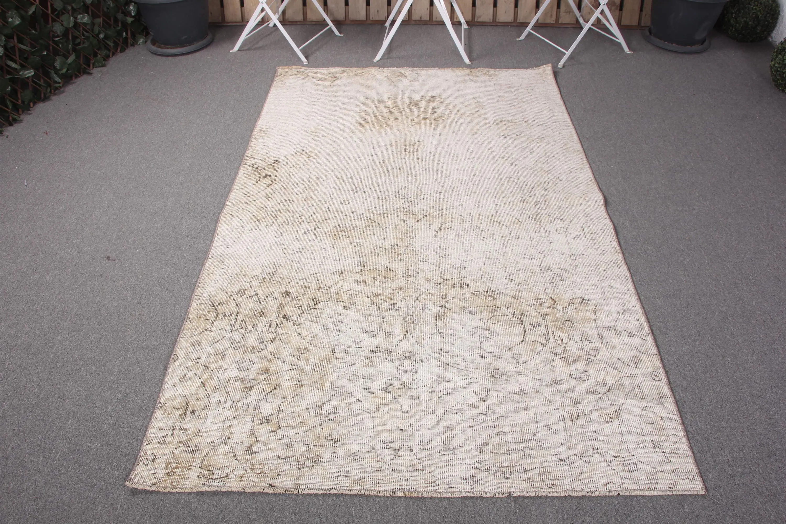 4.2x6.9 ft Rug, Turkish Vintage Rug, White Brown Floral Wool Rug - 1