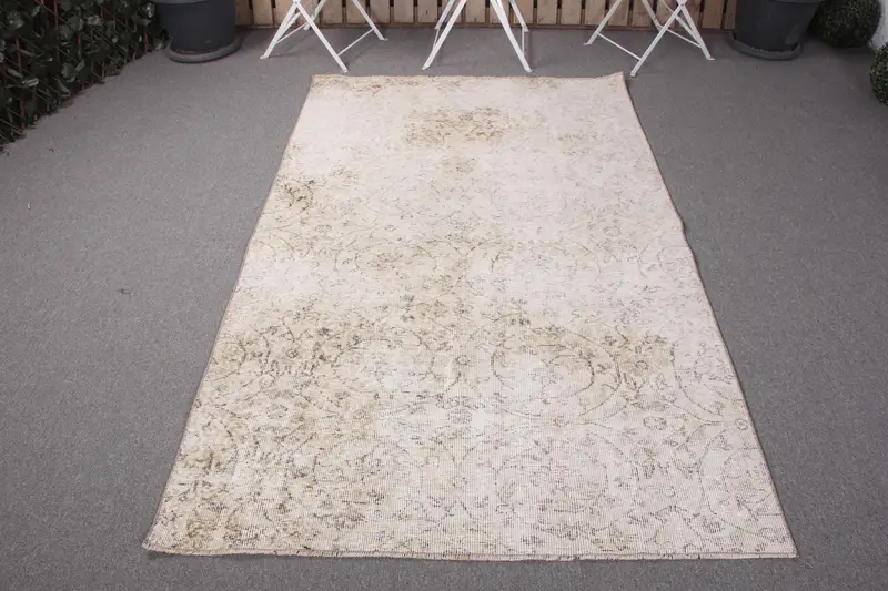 Zarif Bej ve Kahverengi Halı, 4,2x6,9 ft Çiçek ve Geometrik