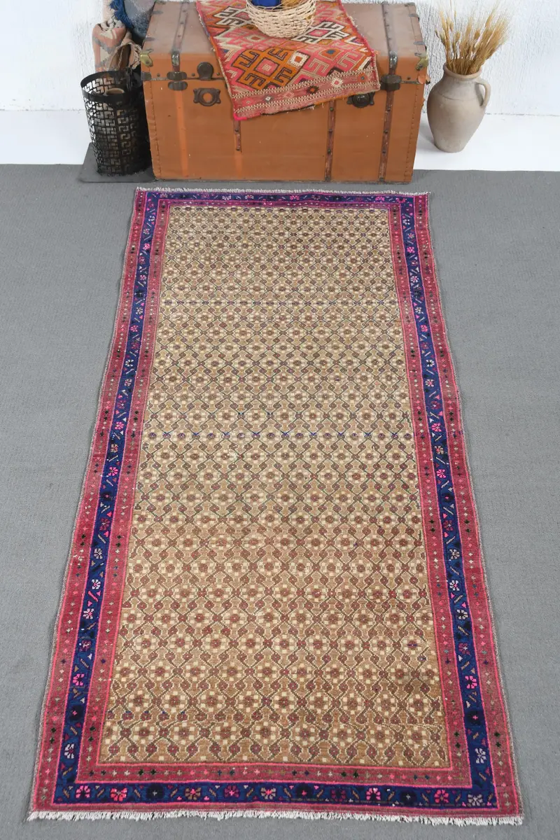 Turkish Vintage Rug 3.4x7.4 ft, Brown Oushak Abstract Rug - 1