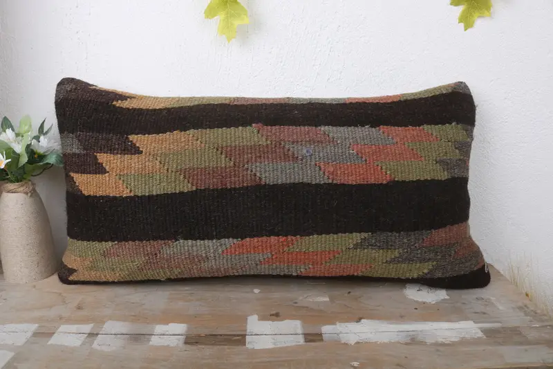 Kilim Cushion Sham, Pillow Sham, Kilim Pillow Cover, Muted Cushion, Decorative Bolster Pillow Sham, Turkish Pillow, 12x24 Brown Pillow - 2