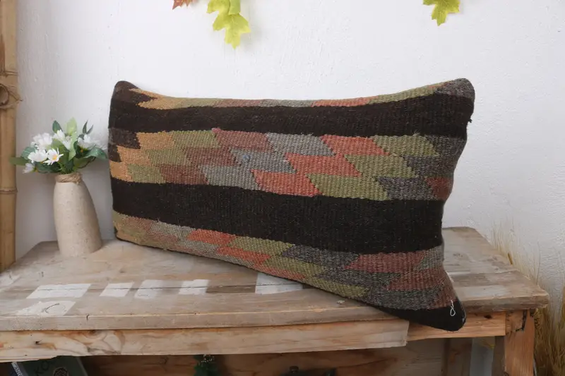 Kilim Cushion Sham, Pillow Sham, Kilim Pillow Cover, Muted Cushion, Decorative Bolster Pillow Sham, Turkish Pillow, 12x24 Brown Pillow - 4