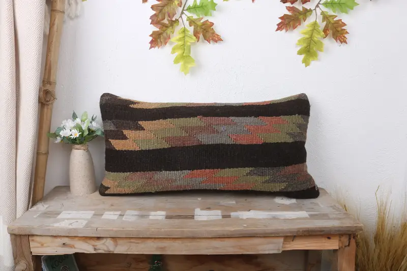 Kilim Cushion Sham, Pillow Sham, Kilim Pillow Cover, Muted Cushion, Decorative Bolster Pillow Sham, Turkish Pillow, 12x24 Brown Pillow - 1