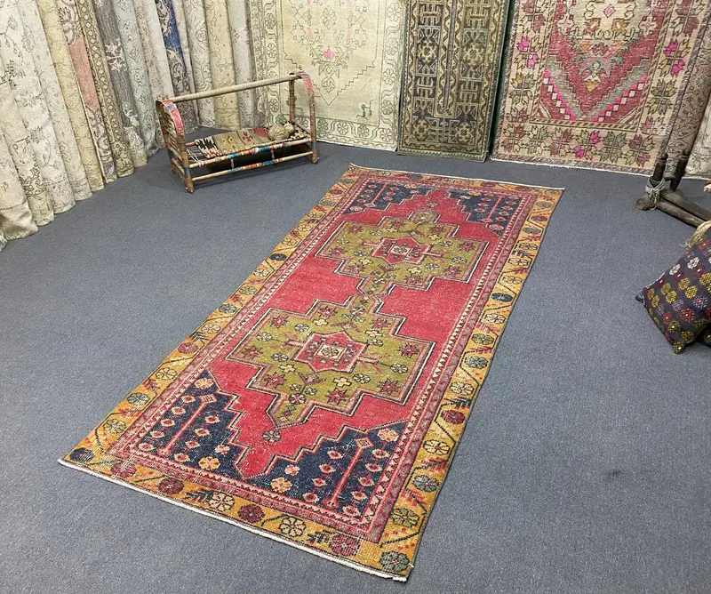 Kırmızı ve Yeşil Halı, 3,8x8,4 ft Çiçek ve Geometrik