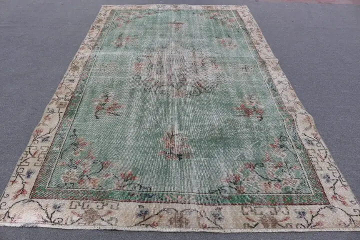 6,3x10,2 ft Teppich, türkischer Vintage großer Teppich, grüner Wollteppich - 1